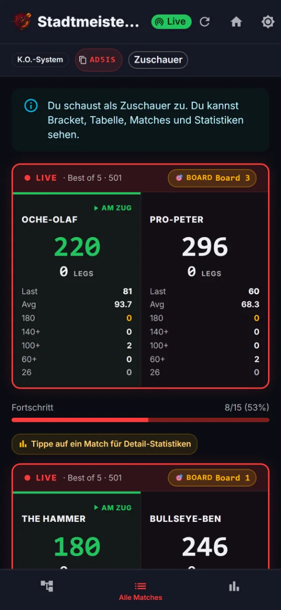 Live-Match mit Average und Scores auf dem Handy
