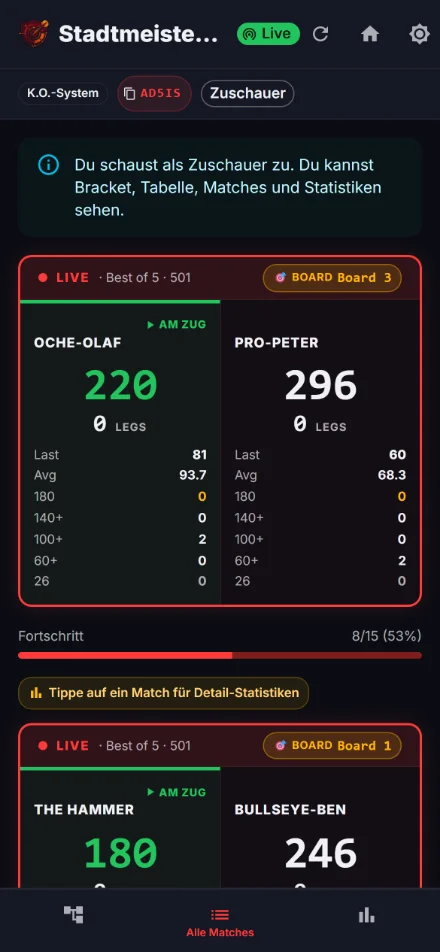 Live-Match mit Average und 180ern direkt auf dem Handy des Gastes