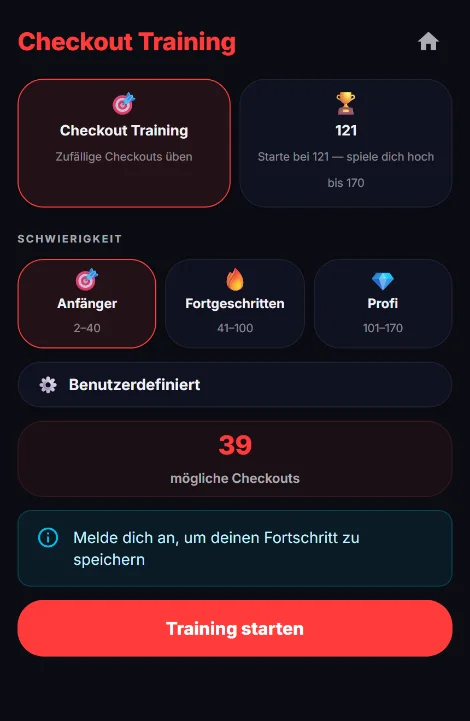 Training picker: Checkout Training or 121, difficulty Beginner / Advanced / Pro