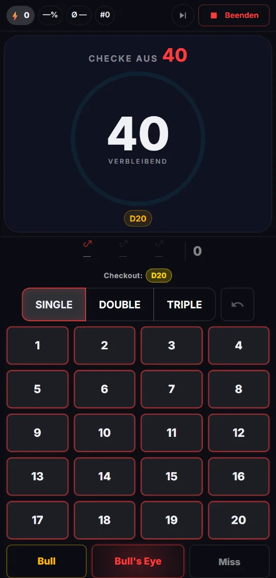 Checkout Trainer on a phone: 40 remaining, suggested route D20, with live success rate and streak