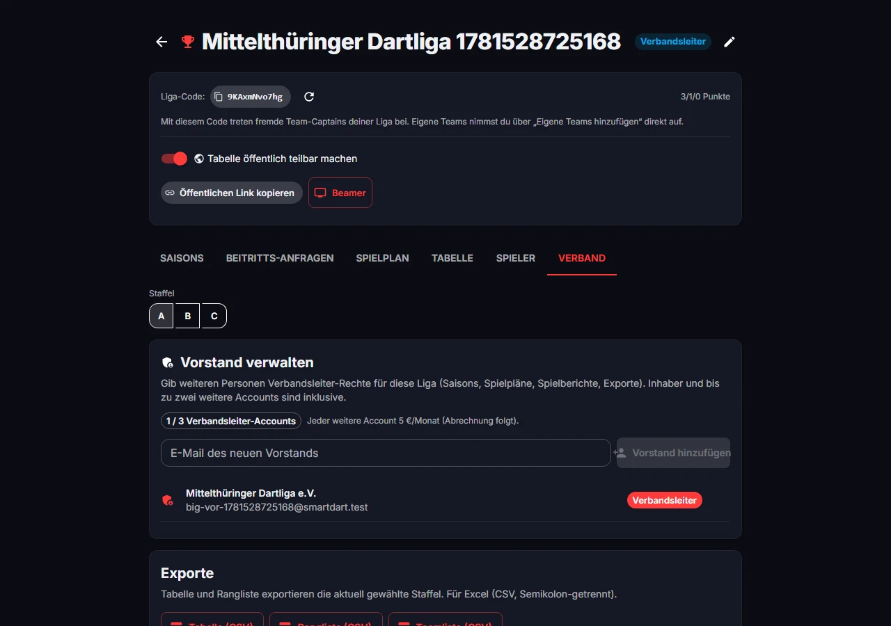 Verbands-Dashboard mit Vorstand-Verwaltung und Export