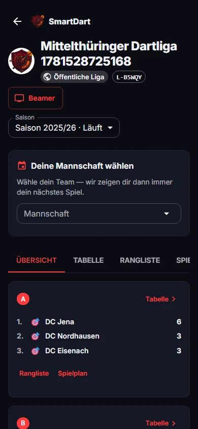 Öffentliches Zuschauer-Portal des Dartverbands auf dem Handy