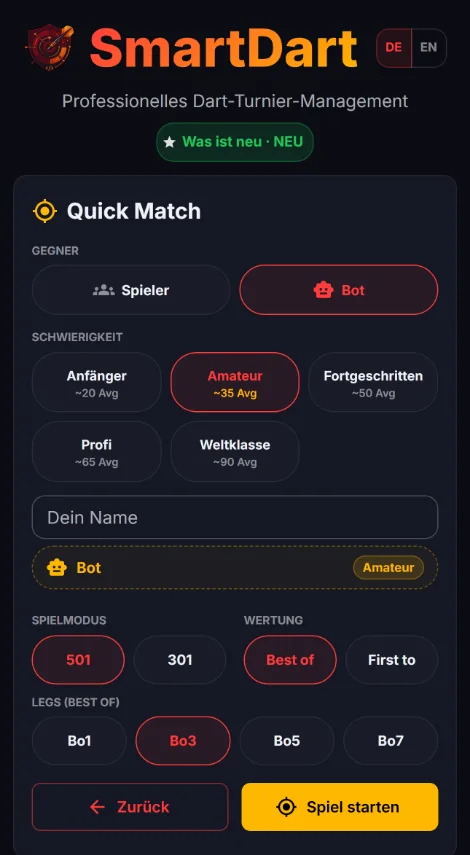 Quick Match setup: opponent Player or AI bot in 5 levels, 501 or 301, best of
